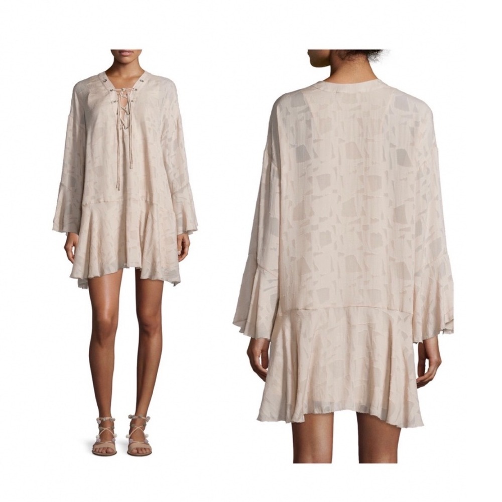 IRO Ralene Mini Dress‎ Tan Sheer Chiffon Bell Long Sleeve Lace Up Plus Size 42
